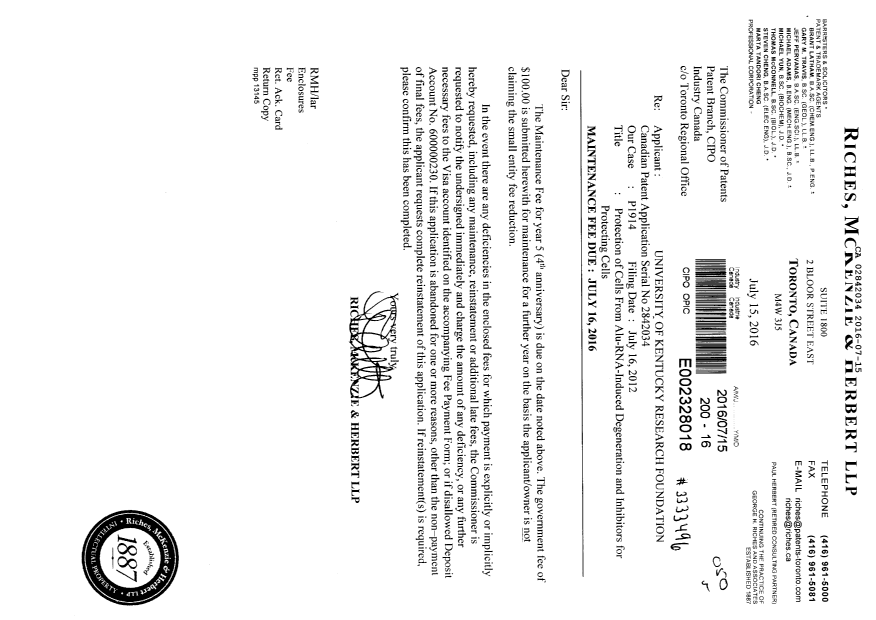 Document de brevet canadien 2842034. Paiement de taxe périodique 20160715. Image 1 de 1