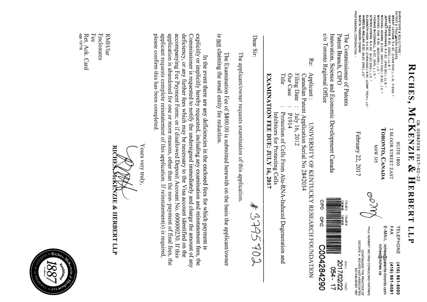 Document de brevet canadien 2842034. Requête d'examen 20170222. Image 1 de 1