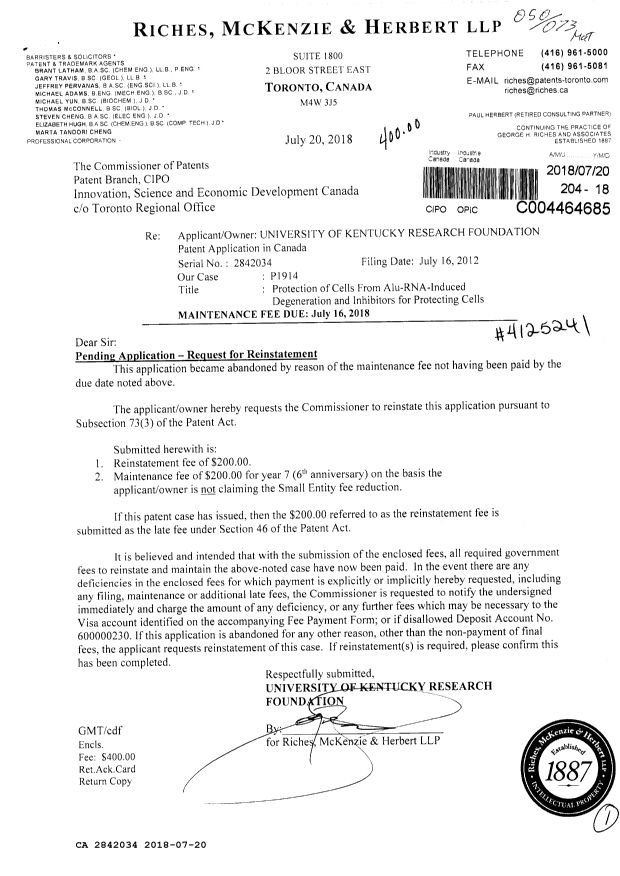 Document de brevet canadien 2842034. Rétablissement 20180720. Image 1 de 1
