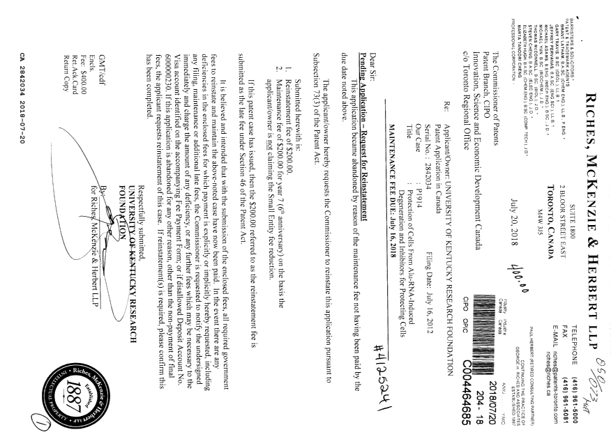 Document de brevet canadien 2842034. Paiement de taxe périodique 20180720. Image 1 de 1
