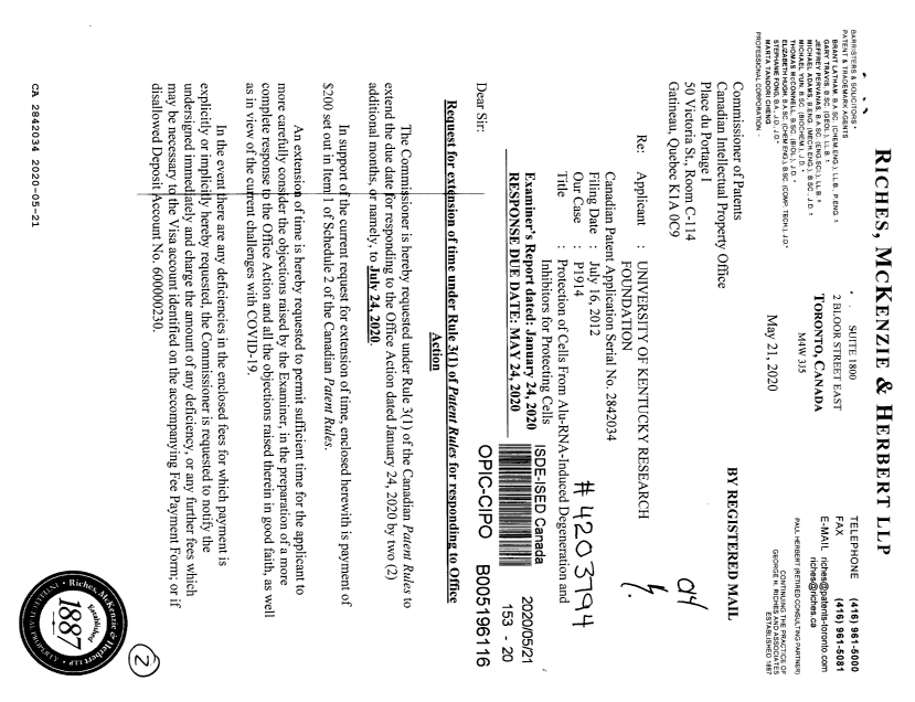 Document de brevet canadien 2842034. Prolongation de temps 20200521. Image 1 de 2