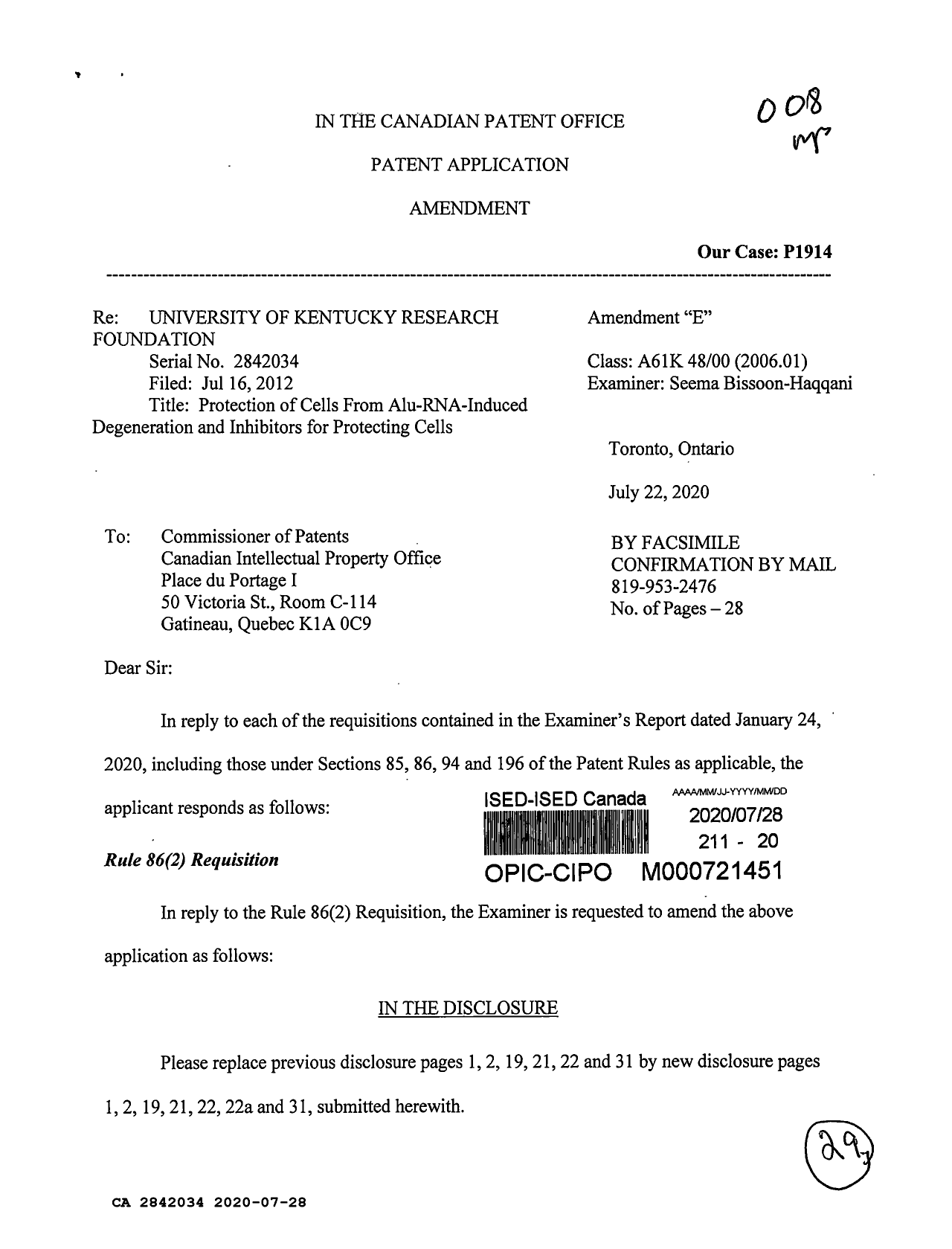Document de brevet canadien 2842034. Modification 20200728. Image 1 de 29