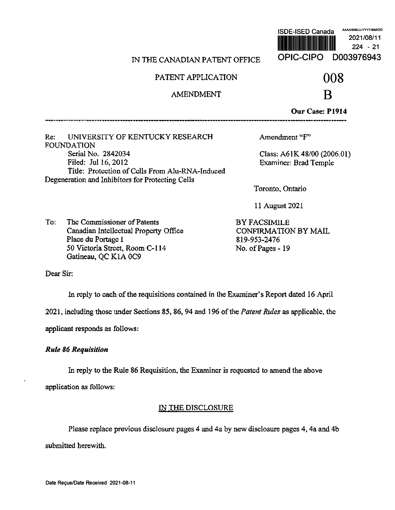 Document de brevet canadien 2842034. Modification 20210811. Image 1 de 19