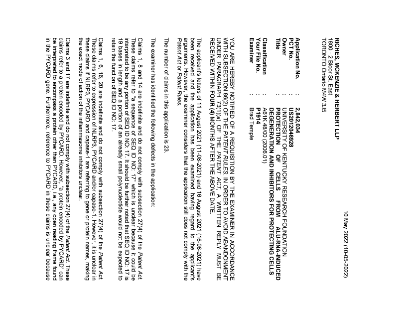 Document de brevet canadien 2842034. Demande d'examen 20220510. Image 1 de 4