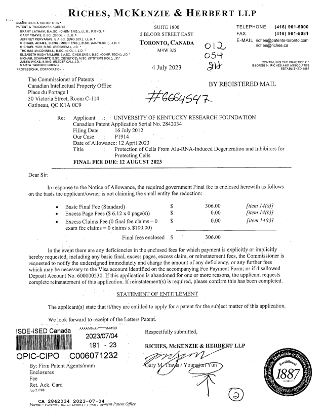 Canadian Patent Document 2842034. Completion Fee - PCT 20230704. Image 1 of 2