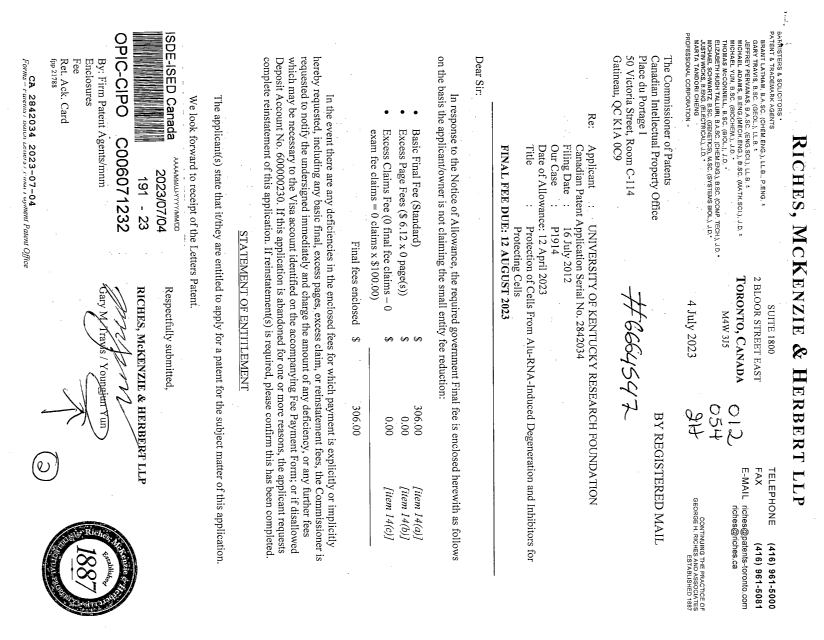 Document de brevet canadien 2842034. Taxe d'achèvement - PCT 20230704. Image 1 de 2