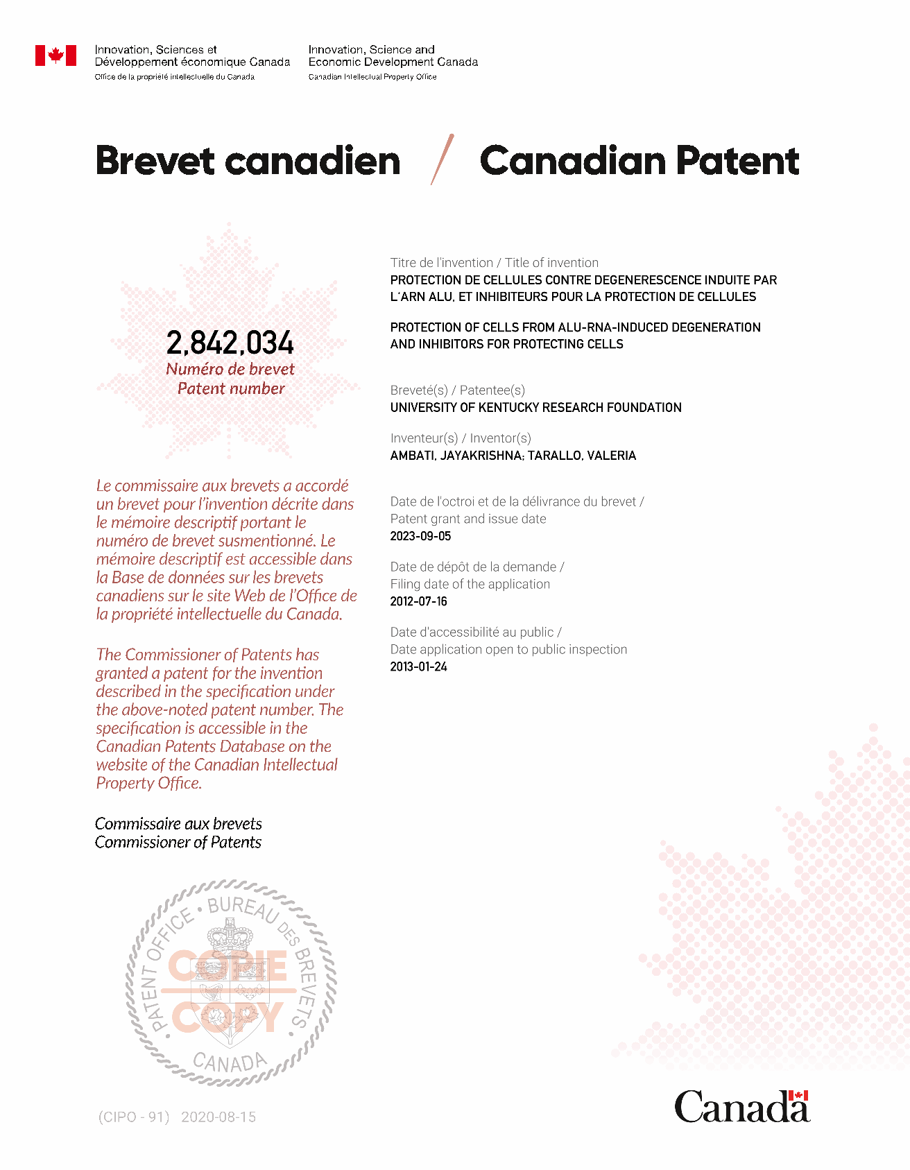 Document de brevet canadien 2842034. Certificat électronique d'octroi 20230905. Image 1 de 1