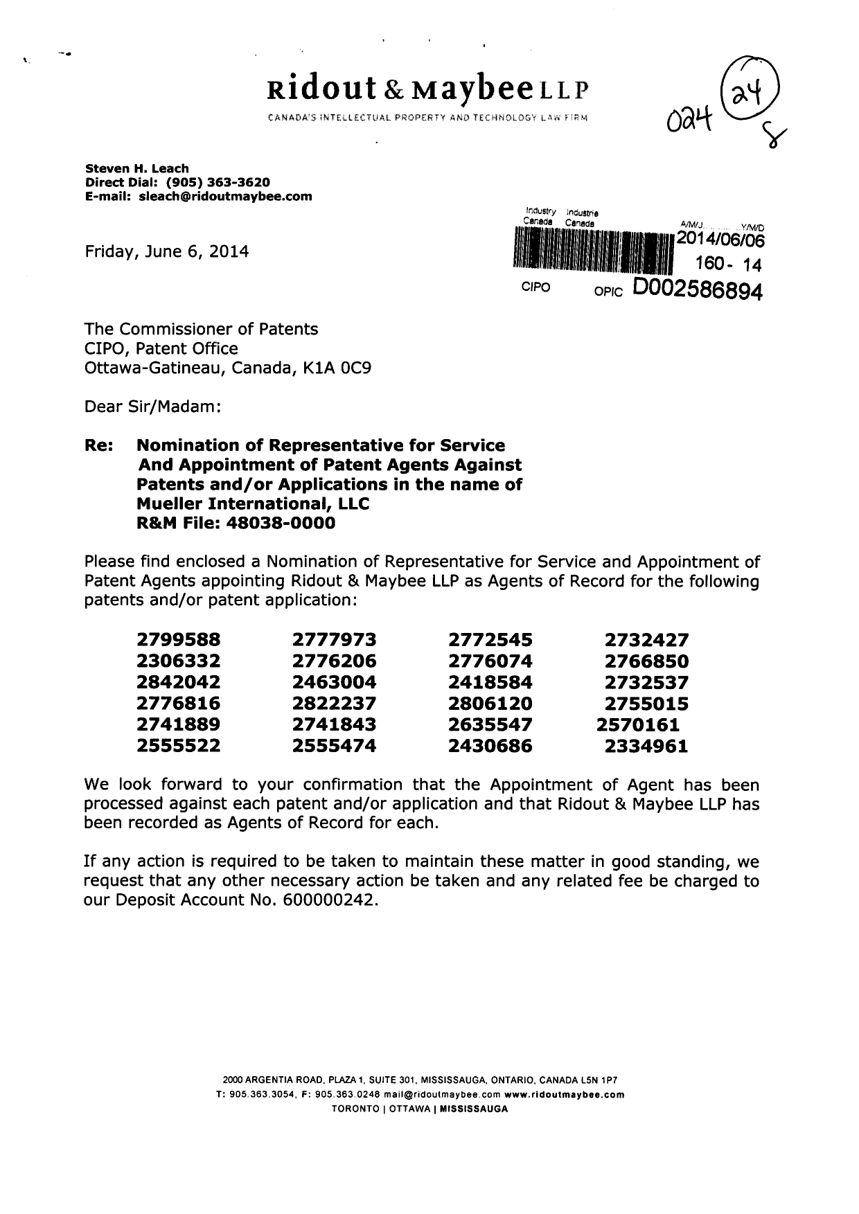 Document de brevet canadien 2842042. Correspondance 20140606. Image 1 de 3