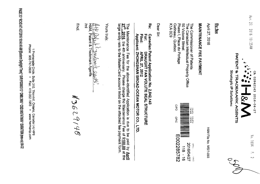 Document de brevet canadien 2842143. Paiement de taxe périodique 20160427. Image 1 de 2