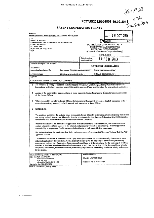 Document de brevet canadien 2842928. Rapport d'examen préliminaire international 20140124. Image 1 de 5