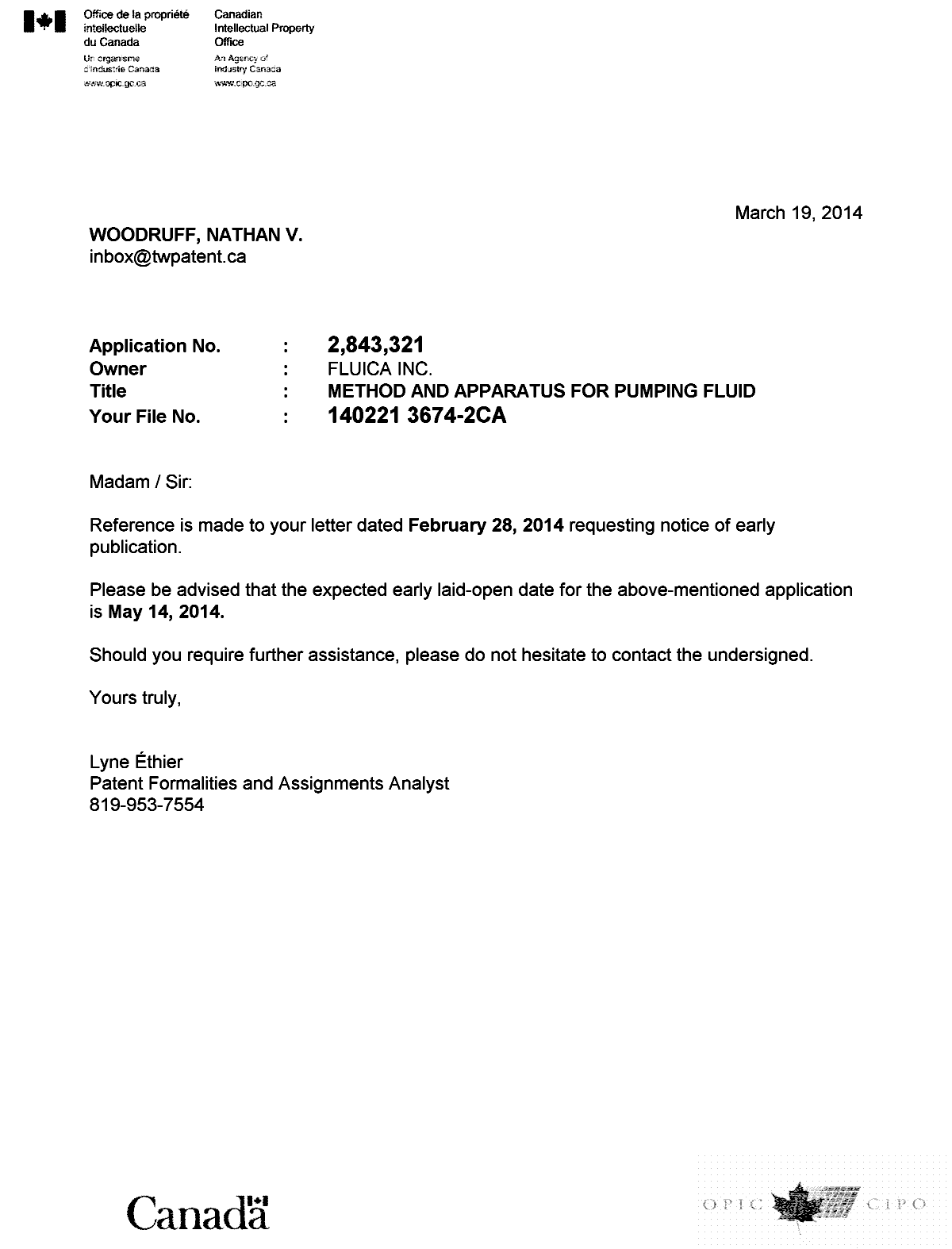 Document de brevet canadien 2843321. Correspondance 20131219. Image 1 de 1