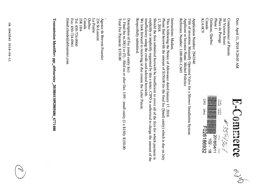 Document de brevet canadien 2843540. Taxe finale 20180411. Image 1 de 1