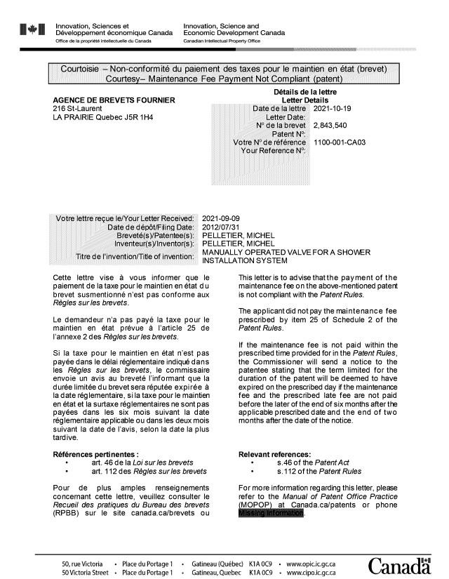 Document de brevet canadien 2843540. Lettre du bureau 20211019. Image 1 de 2