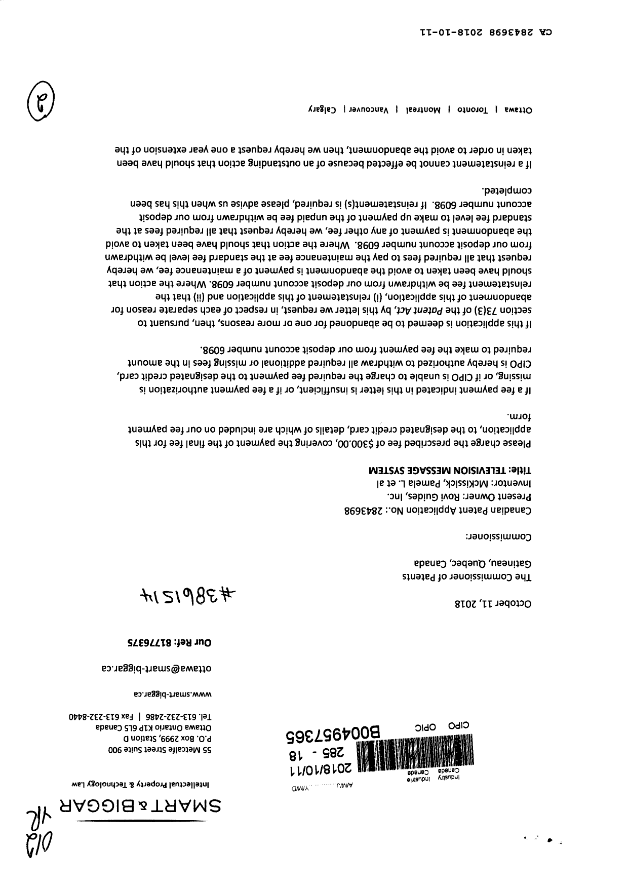 Canadian Patent Document 2843698. Correspondence 20171211. Image 1 of 2