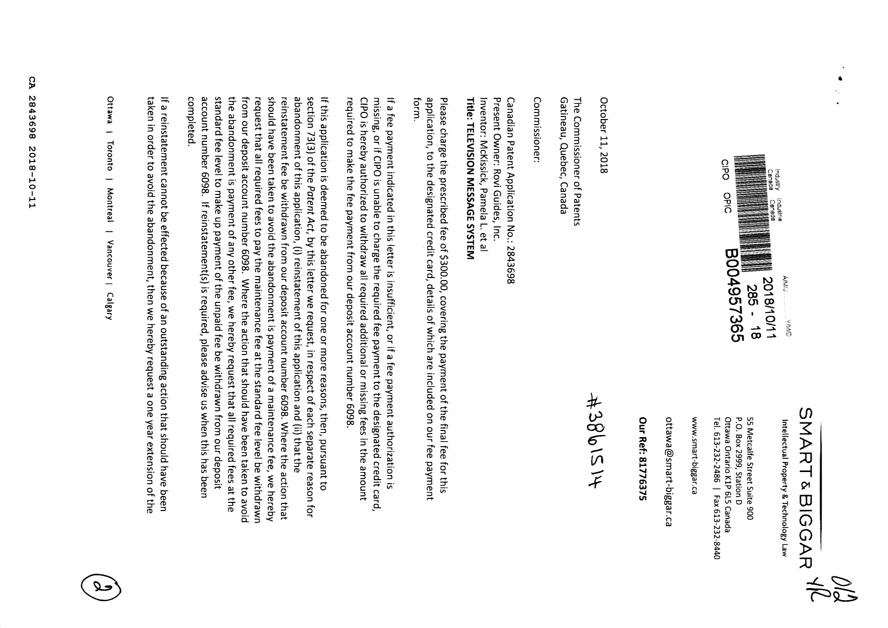 Document de brevet canadien 2843698. Correspondance 20171211. Image 1 de 2