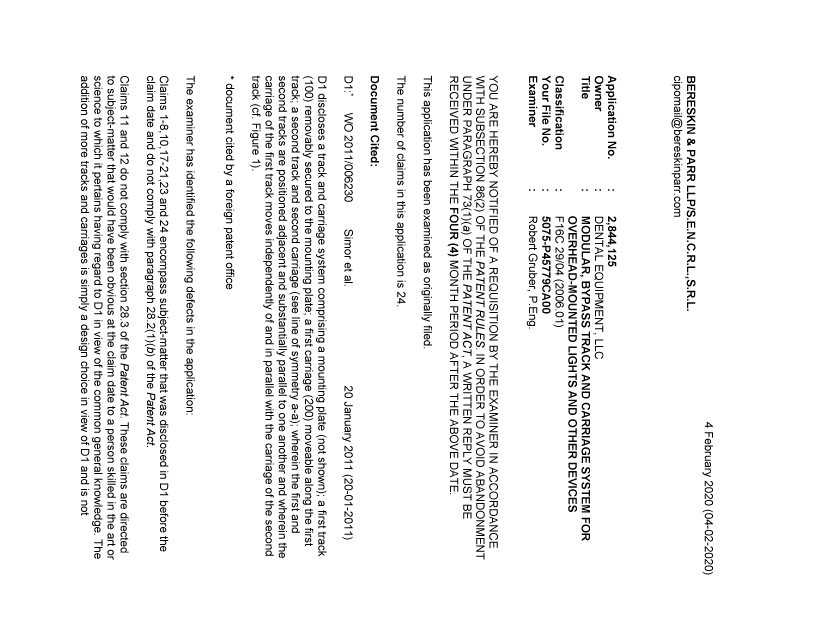Document de brevet canadien 2844125. Demande d'examen 20200204. Image 1 de 3