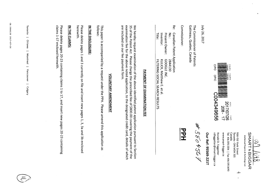 Document de brevet canadien 2844130. Requête d'examen 20170726. Image 1 de 11