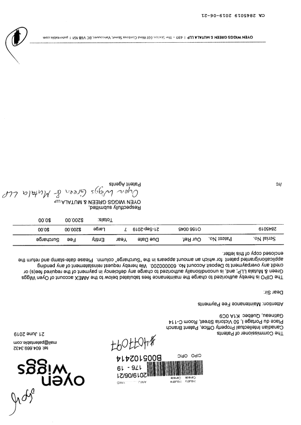 Canadian Patent Document 2845019. Maintenance Fee Payment 20190621. Image 1 of 1