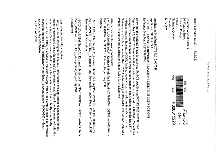 Document de brevet canadien 2845142. Cession 20140212. Image 1 de 16