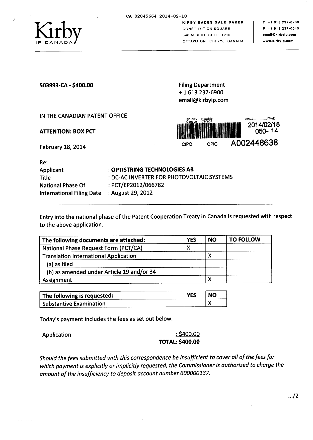 Document de brevet canadien 2845664. Cession 20140218. Image 1 de 4
