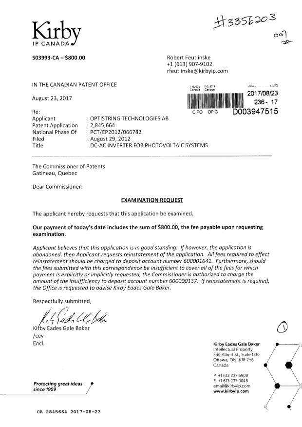 Document de brevet canadien 2845664. Requête d'examen 20170823. Image 1 de 1