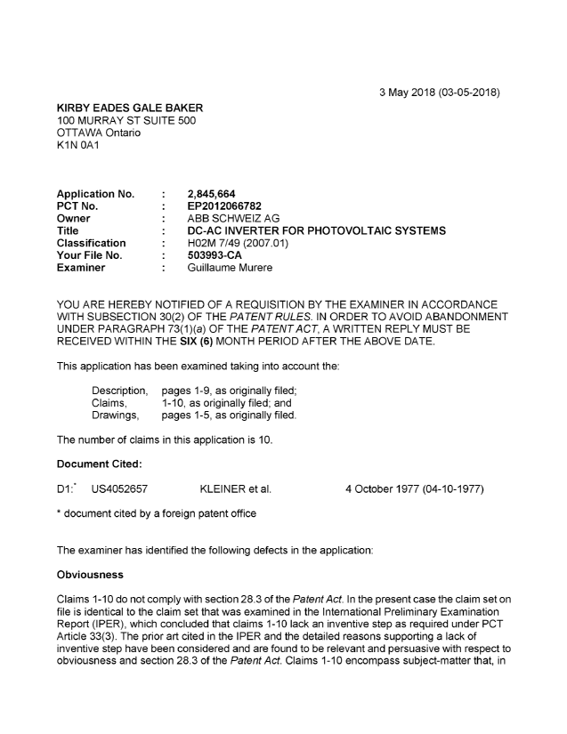 Document de brevet canadien 2845664. Demande d'examen 20180503. Image 1 de 3