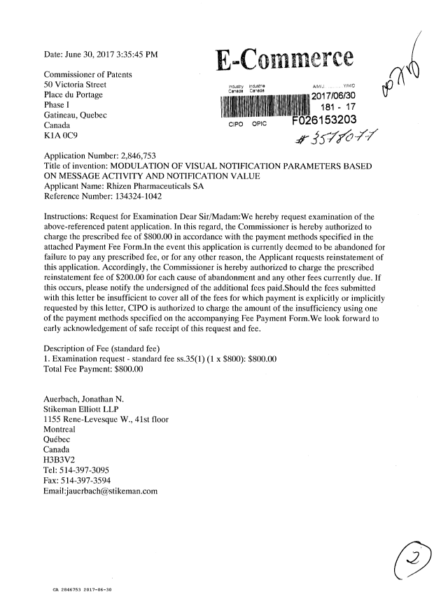 Document de brevet canadien 2846753. Requête d'examen 20170630. Image 1 de 2