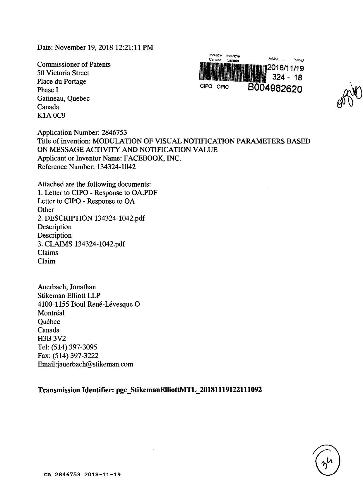 Document de brevet canadien 2846753. Modification 20181119. Image 1 de 34