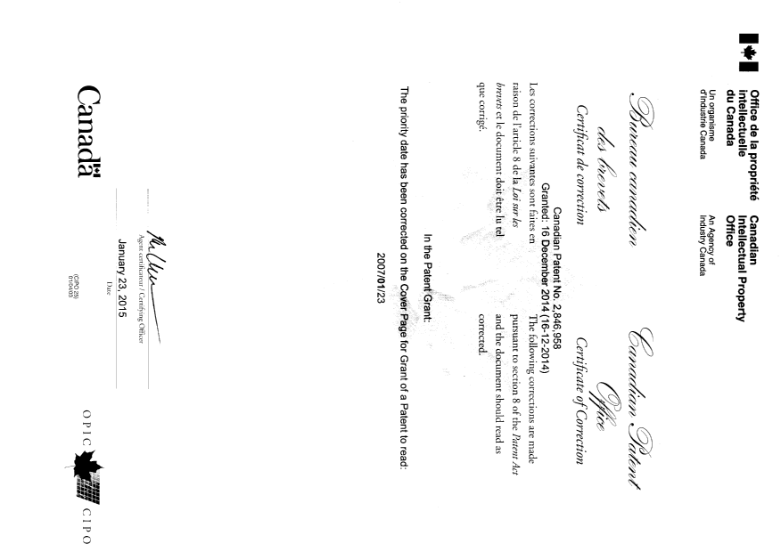 Document de brevet canadien 2846958. Page couverture 20141223. Image 2 de 2