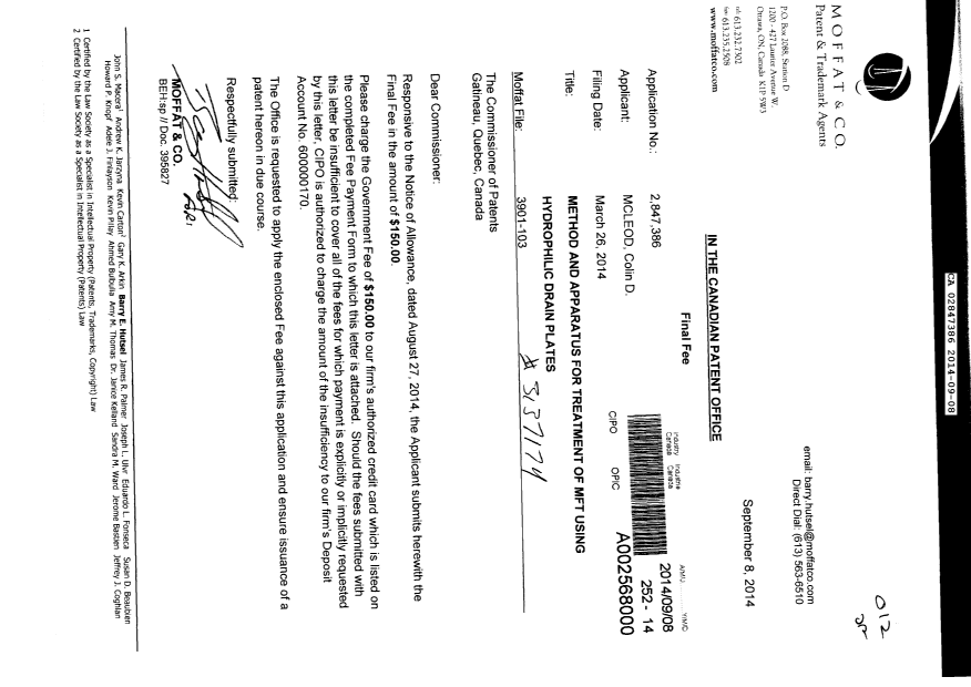 Document de brevet canadien 2847386. Correspondance 20131208. Image 1 de 1