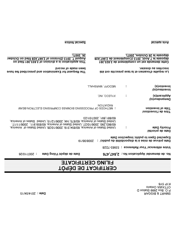 Canadian Patent Document 2847476. Correspondence 20140415. Image 1 of 2