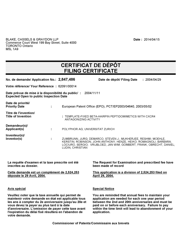 Canadian Patent Document 2847486. Correspondence 20140415. Image 1 of 1