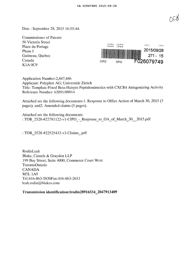 Canadian Patent Document 2847486. Amendment 20150928. Image 1 of 9