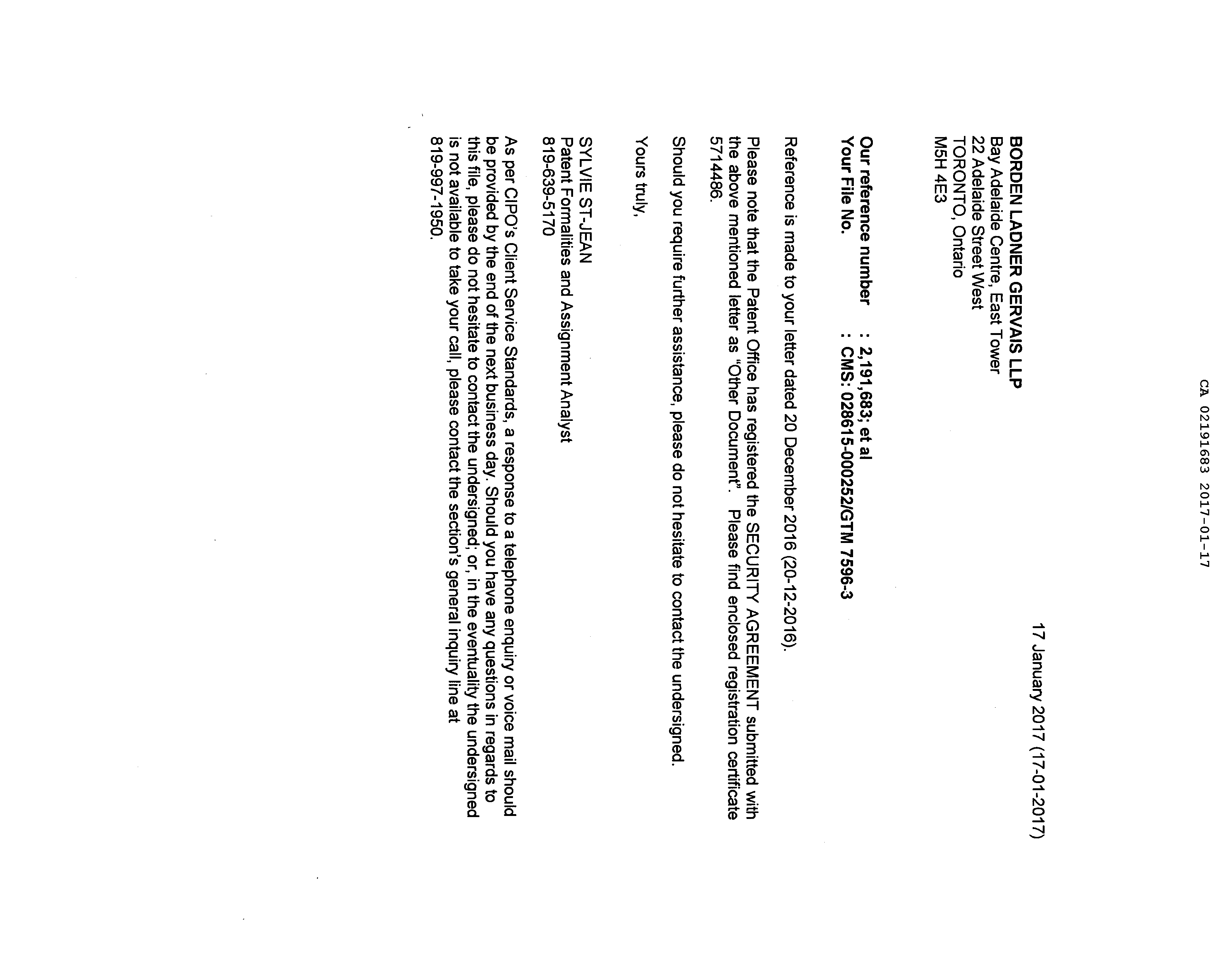 Document de brevet canadien 2847669. Correspondance 20161217. Image 1 de 11