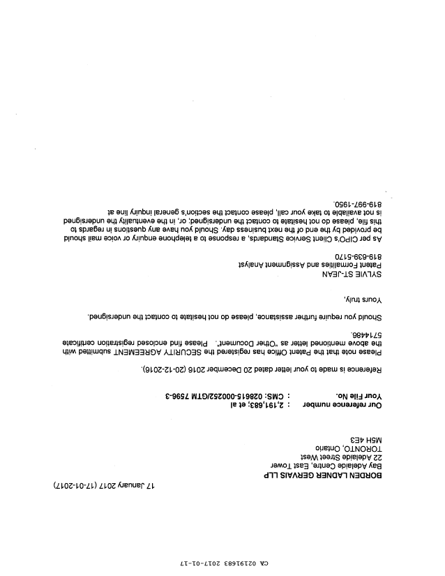 Document de brevet canadien 2847669. Correspondance 20161217. Image 1 de 11