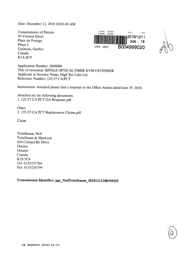 Document de brevet canadien 2848000. Poursuite-Amendment 20171211. Image 1 de 12