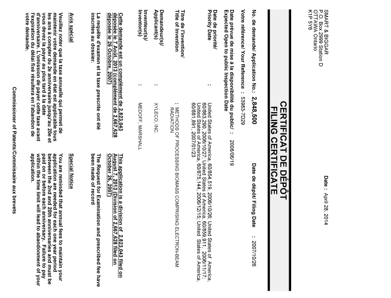 Canadian Patent Document 2848500. Correspondence 20131228. Image 1 of 1