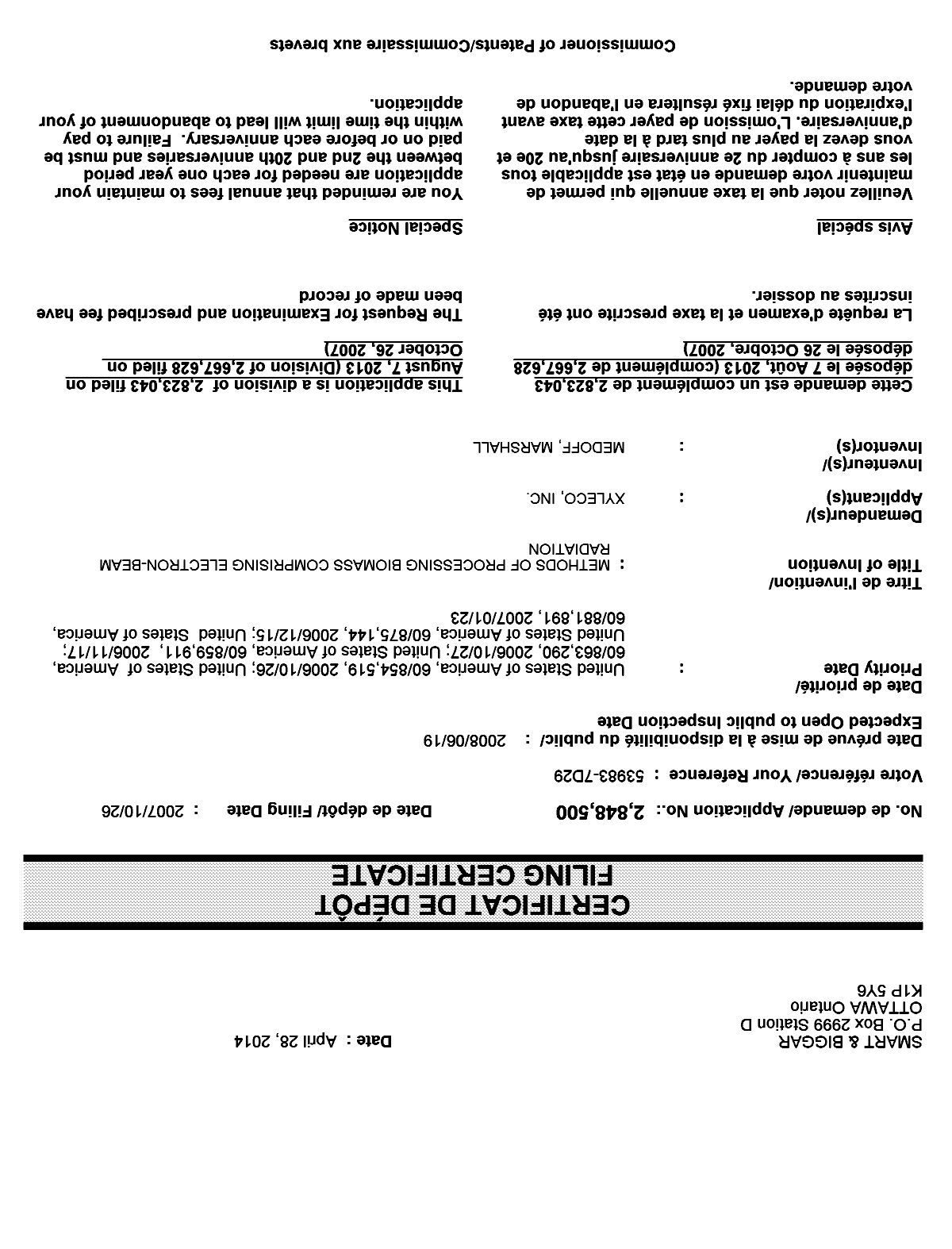 Document de brevet canadien 2848500. Correspondance 20131228. Image 1 de 1