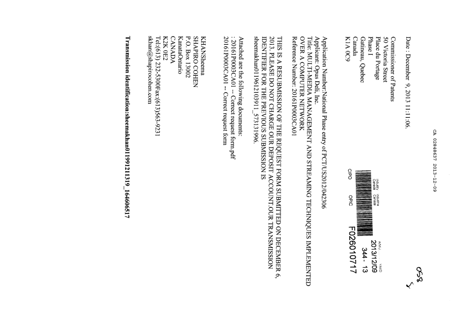 Document de brevet canadien 2848637. Correspondance 20131209. Image 1 de 3
