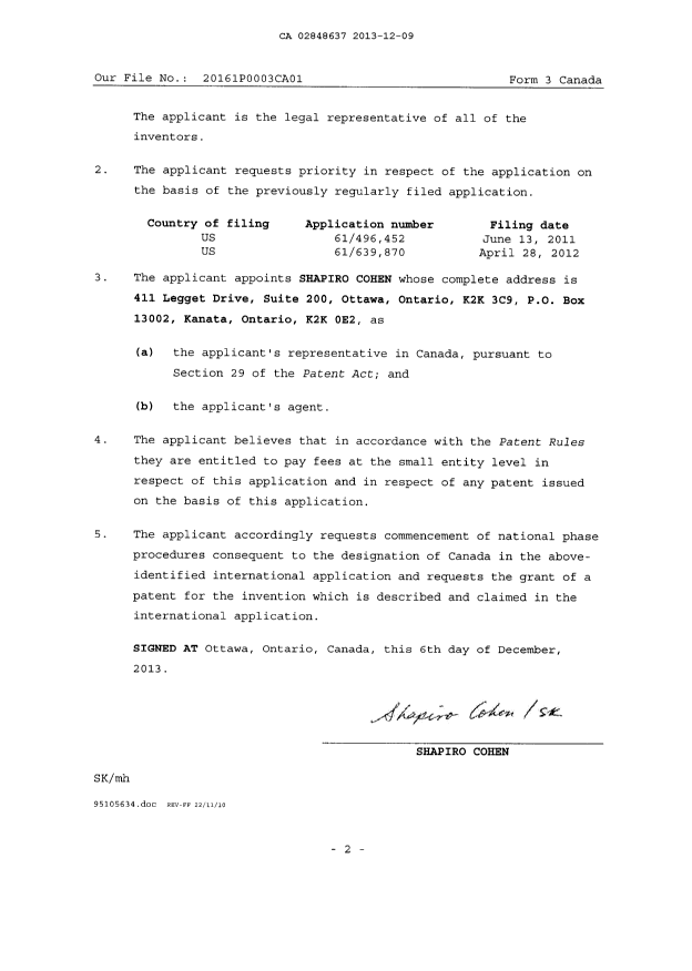 Document de brevet canadien 2848637. Correspondance 20131209. Image 3 de 3