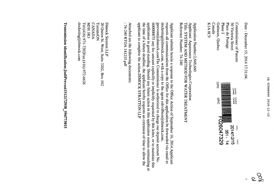 Document de brevet canadien 2848660. Poursuite-Amendment 20141215. Image 1 de 22