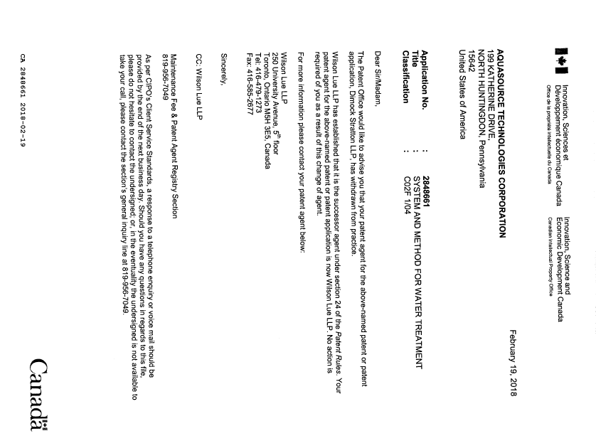 Document de brevet canadien 2848661. Lettre du bureau 20180219. Image 1 de 1