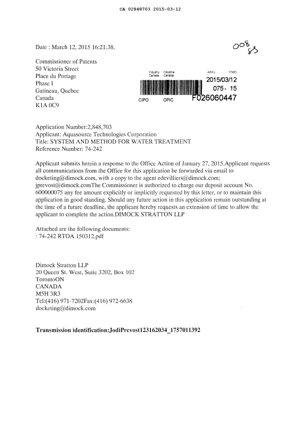 Canadian Patent Document 2848703. Prosecution-Amendment 20141212. Image 1 of 8