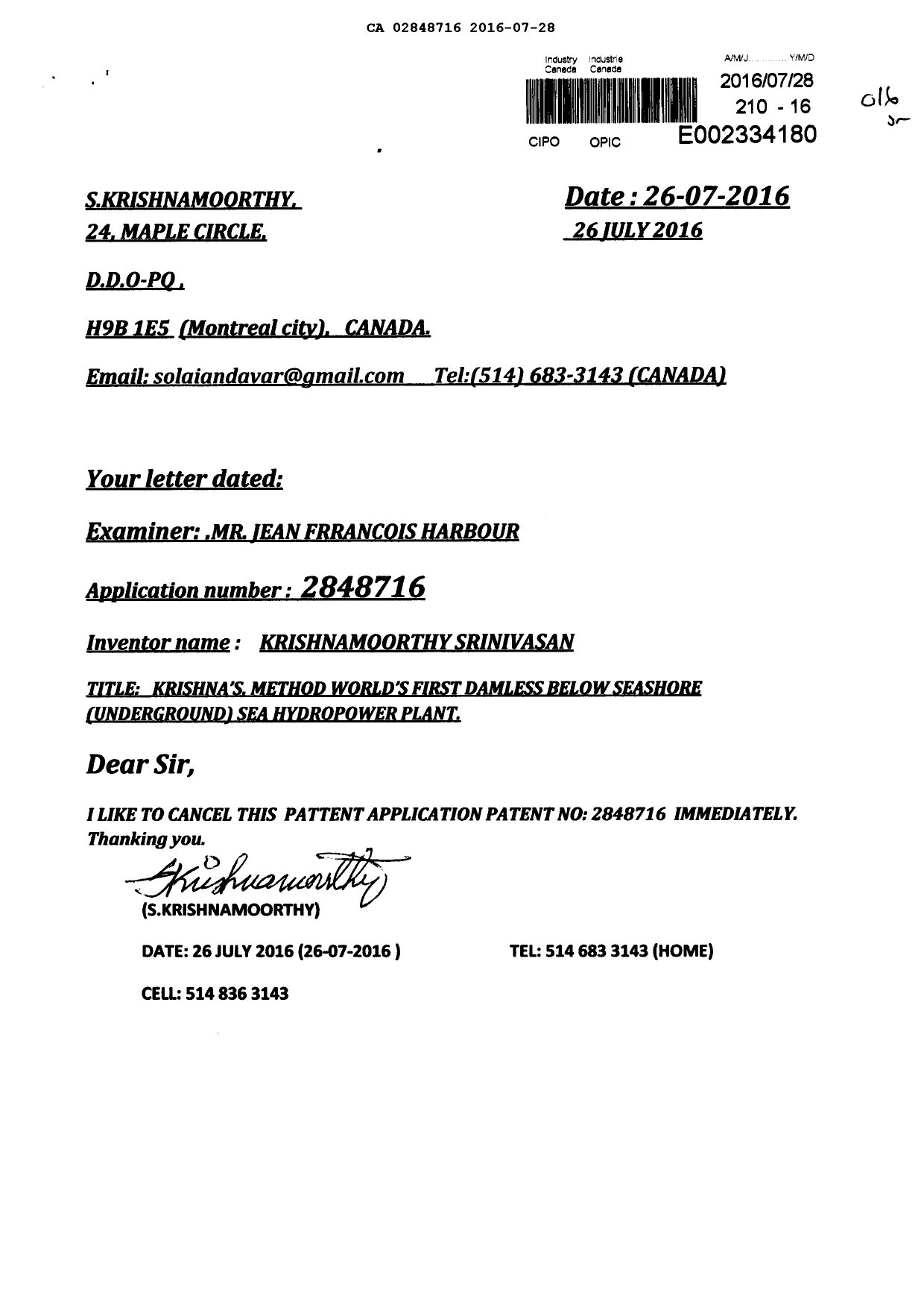 Canadian Patent Document 2848716. Correspondence 20151228. Image 1 of 1