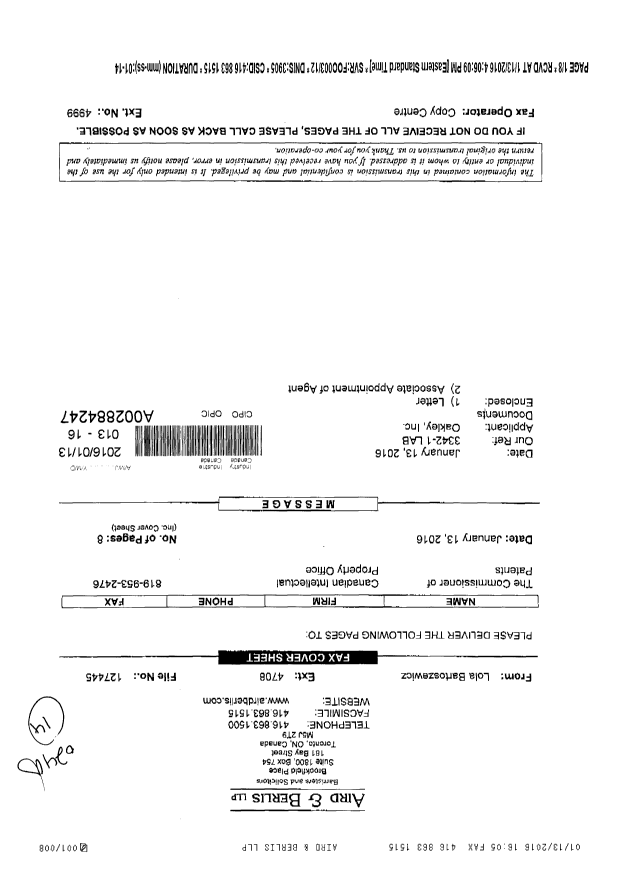 Canadian Patent Document 2849454. Correspondence 20160113. Image 1 of 8