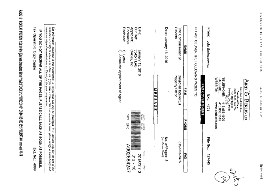 Document de brevet canadien 2849454. Correspondance 20160113. Image 1 de 8