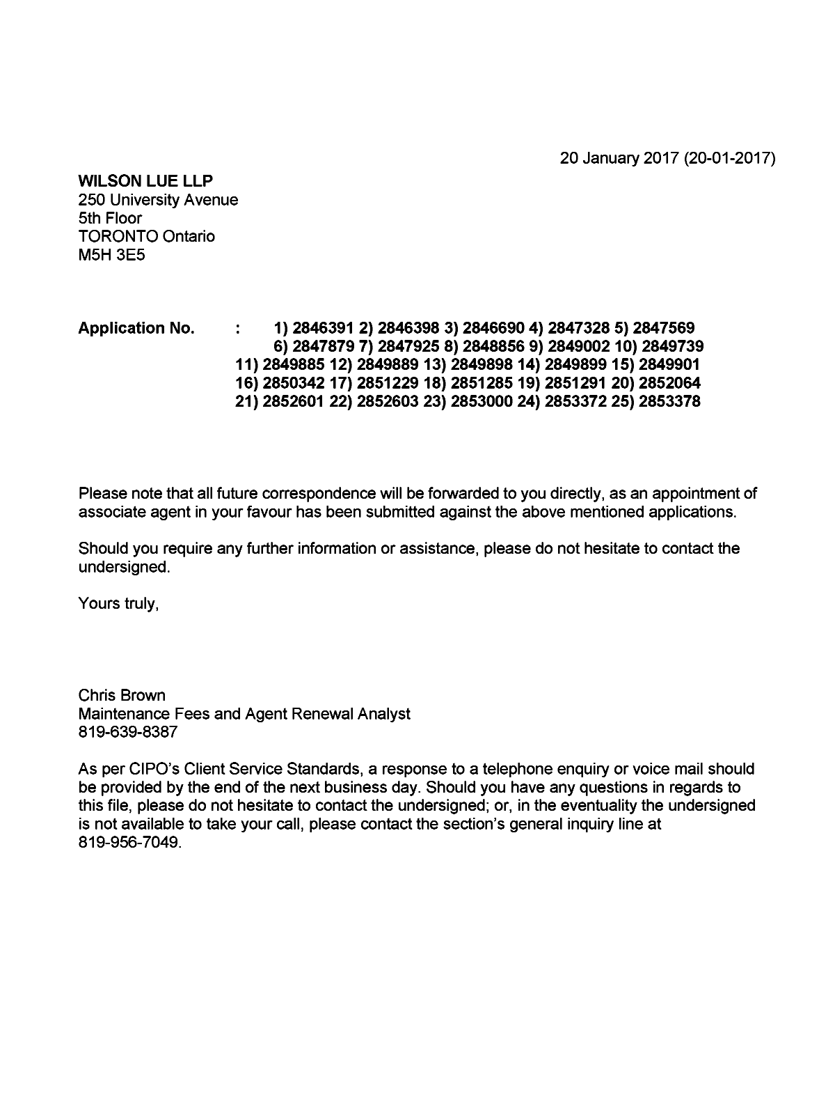 Document de brevet canadien 2849898. Lettre du bureau 20170120. Image 1 de 1
