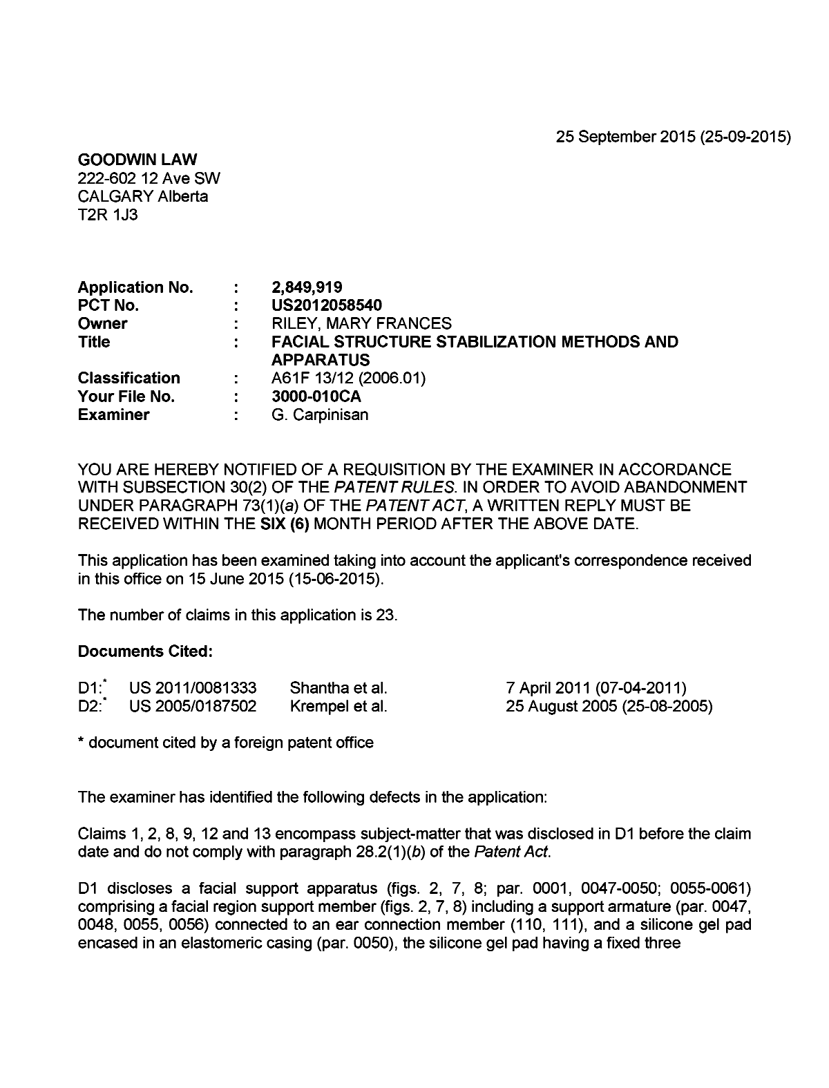 Document de brevet canadien 2849919. Demande d'examen 20150925. Image 1 de 4