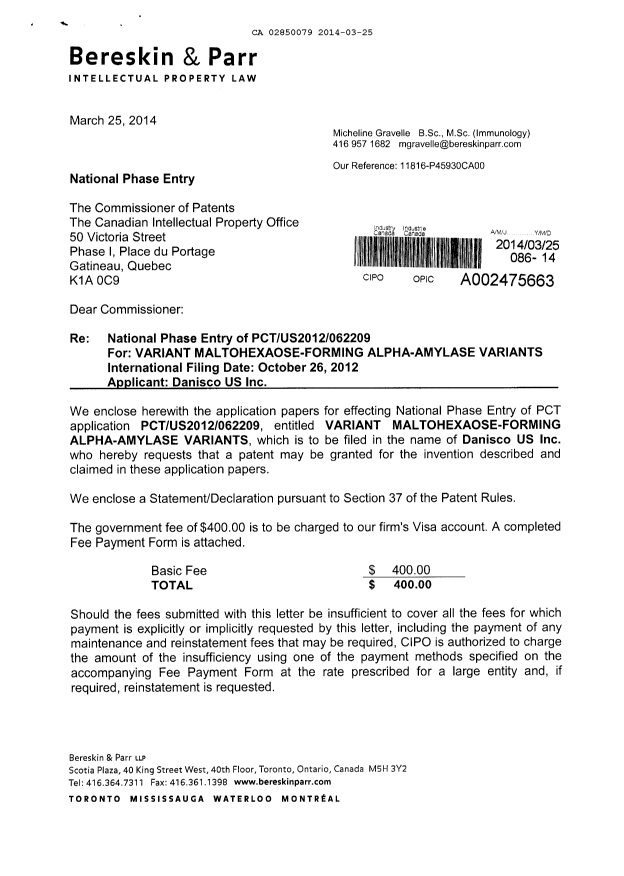 Document de brevet canadien 2850079. Cession 20140325. Image 1 de 5