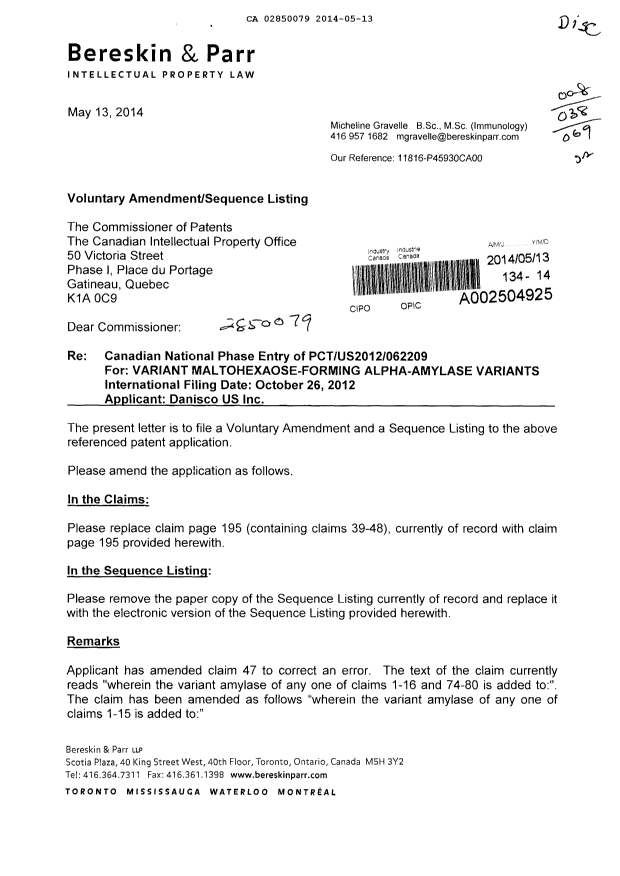 Document de brevet canadien 2850079. Poursuite-Amendment 20140513. Image 1 de 3